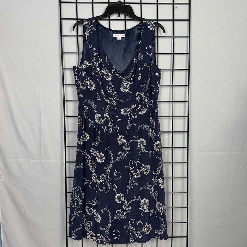 Pendleton Silk Sleeveless Pleated Floral Midi Dress Womens 10 Blue Casual Spring